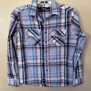 Carbon Mens Blue Plaid Long Sleeve Shirt Size Small
